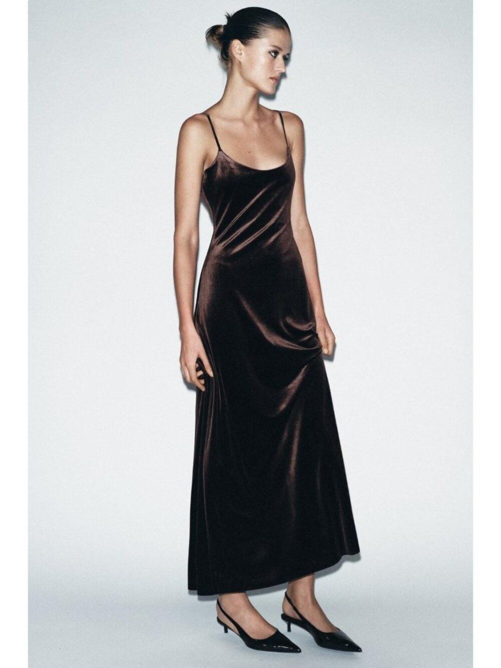 Zara Womens Long Velvet Dress Medium Brown Thin Straps Low Back 5070/452 NWT